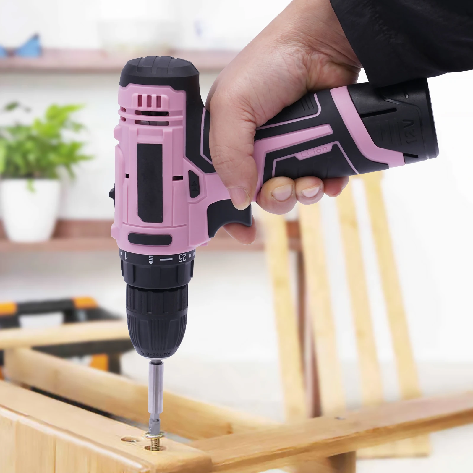 Pink Cordless Drill Set 12V Electric Drill With 2-speed Transmission Electric Screwdriver with 25 Torque for Drilling Wood/Metal