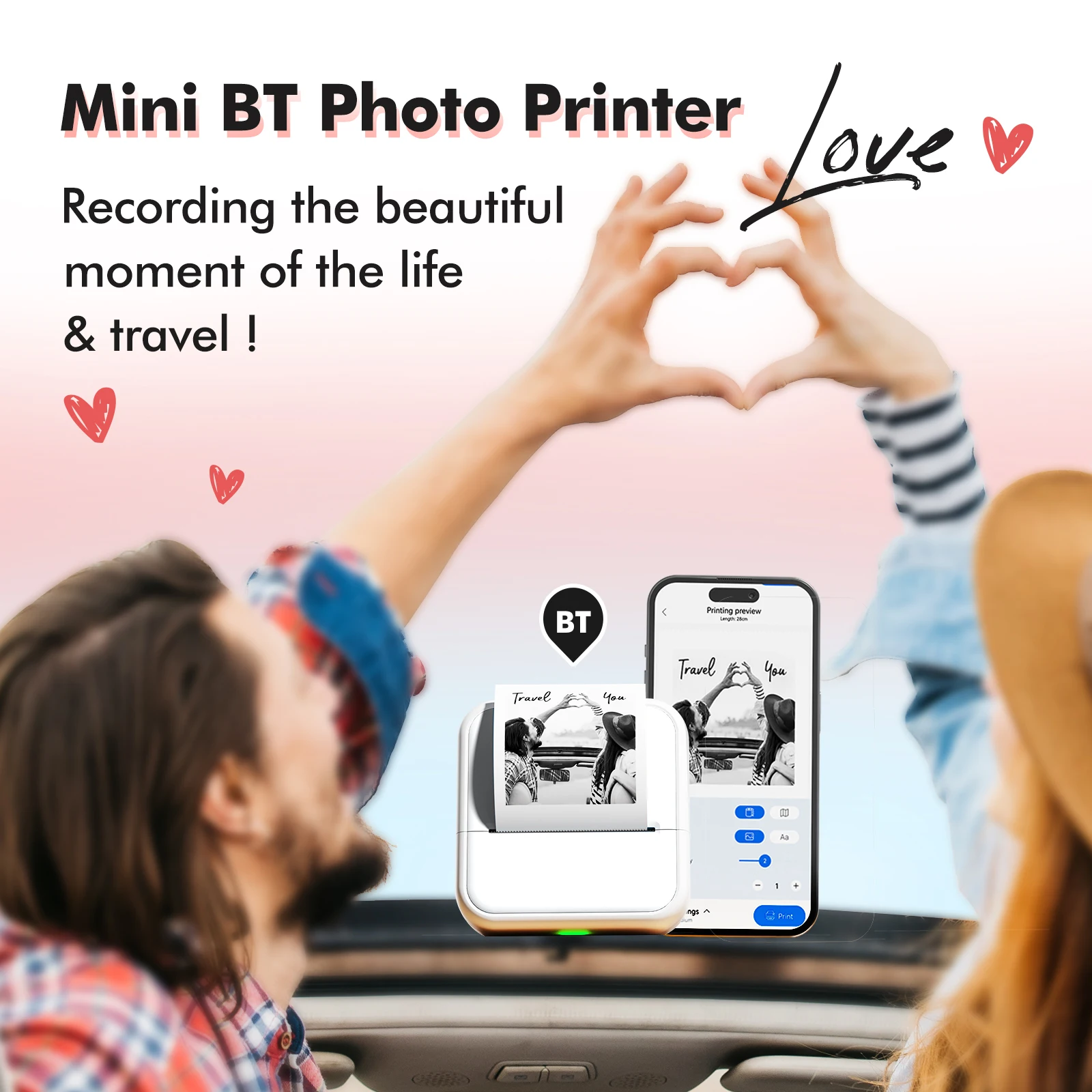מדפסת כיס מיני ניידת להדפסת תמונות מיידית תרמית מכונת תוויות עם חיבור אלחוטי BT תואם
