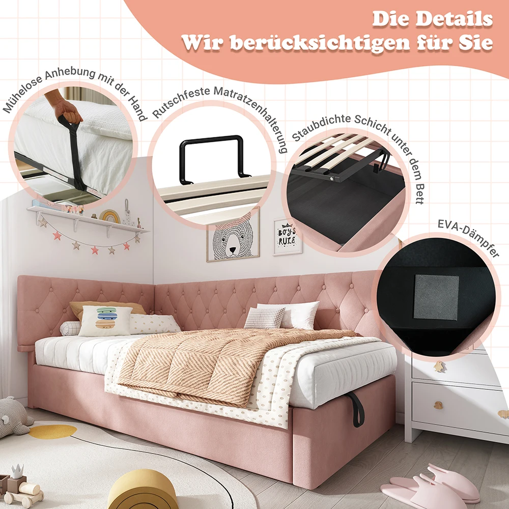 KOMHTOM Polsterbett Tagesbett Daybett 90x190 cm Schlafsofa mit hydraulischem Stauraum, Samt, ohne Matratze – Detail 8