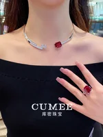 CUMEE Large Carat T-shaped Design Cultivation Synthetic Ruby Collar Necklace Open 925 sterling Silver Gold Plating 2