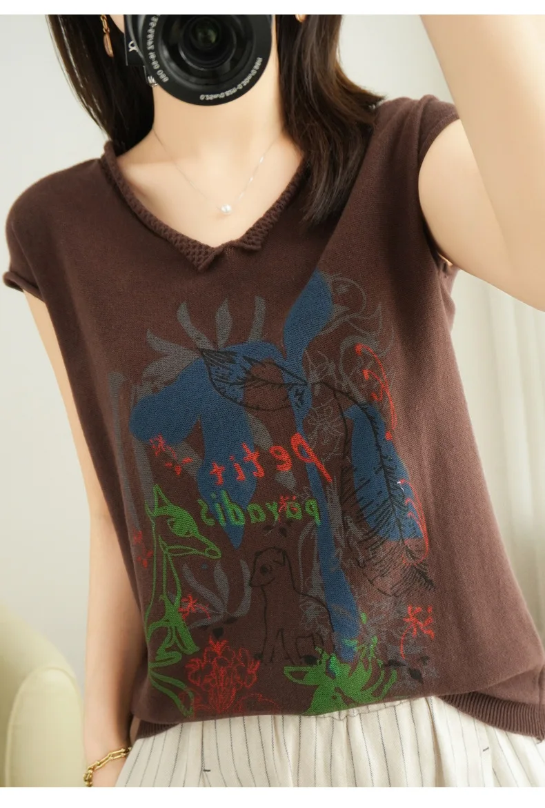 Primavera e Verão Algodão de Manga Curta de Malha Feminina com Decote em v Camisa de Fundo Camisola Pulôver Impresso Topo 2022 100% 9 manga curta de malha camisola feminina com