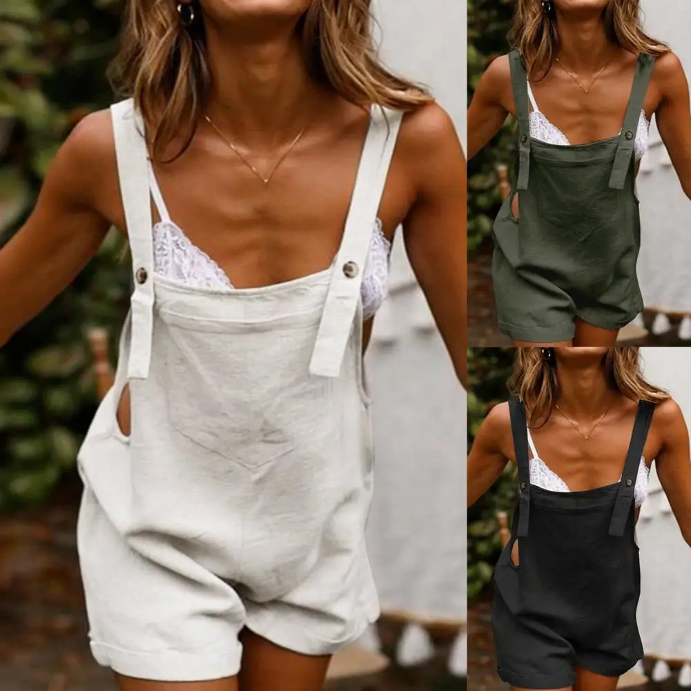 

Women Jumpsuit Sleeveless Pocket Solid Color Adjustable Buttons Suspender Romper Playsuit for Summer