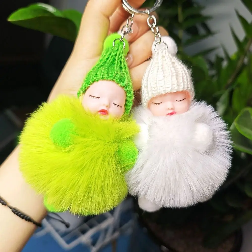 니트 모자 폼폼 수면  열쇠고리 단색 귀여운 수면  키체인 부드러운 봉제 인형 수면  폼폼 키링