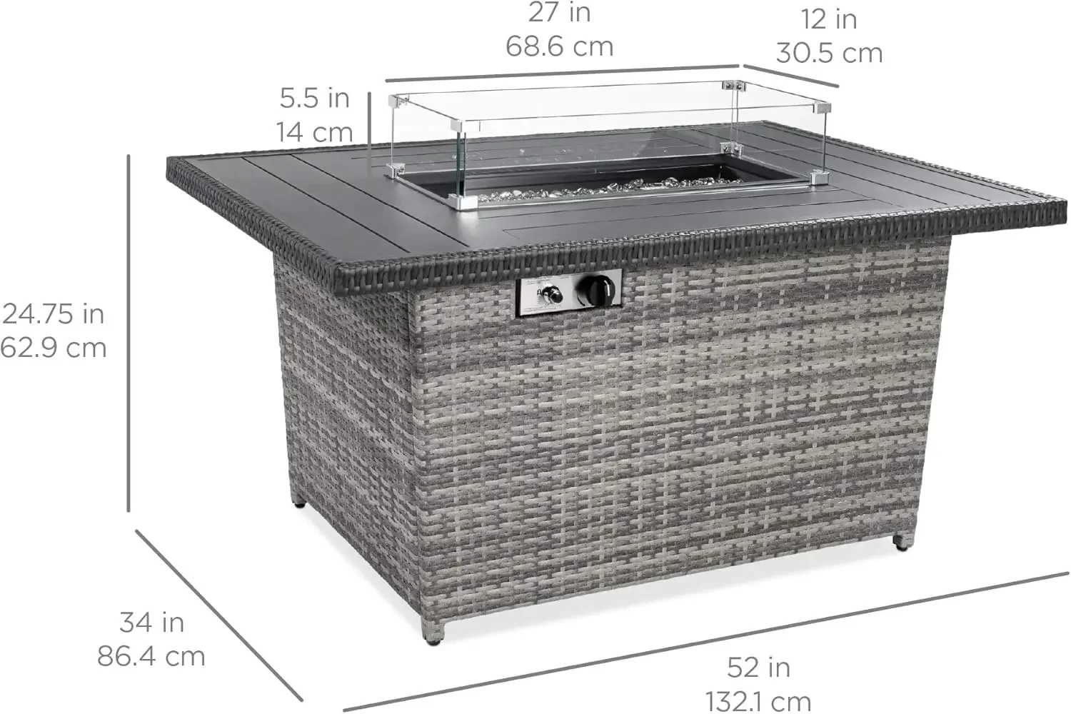 52in 50,000 BTU Outdoor Wicker Patio Propane Gas Fire Pit Table with Aluminum Tabletop Glass Wind Guard