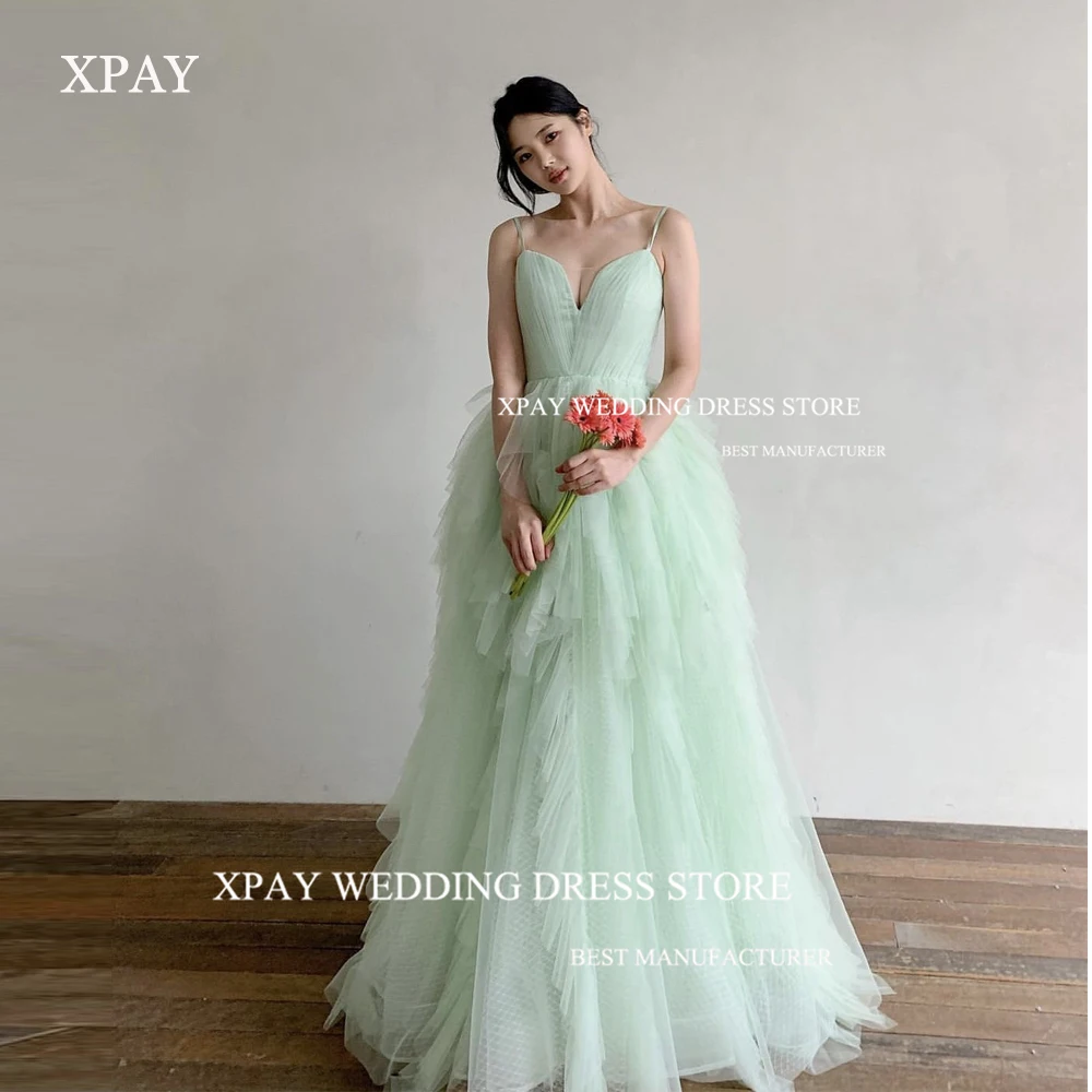 

XPAY Elegant Mint Green/Lavender Tulle Ruffles Prom Dresses Korea Lady Spaghetti Straps Evening Gown Outdoor Photoshoot Wedding