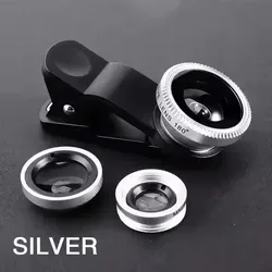 Universal 3 - in - 1 Fisheye Wide Angle Macro Camera Lens Kit with Smartphone Clip (Silver)
