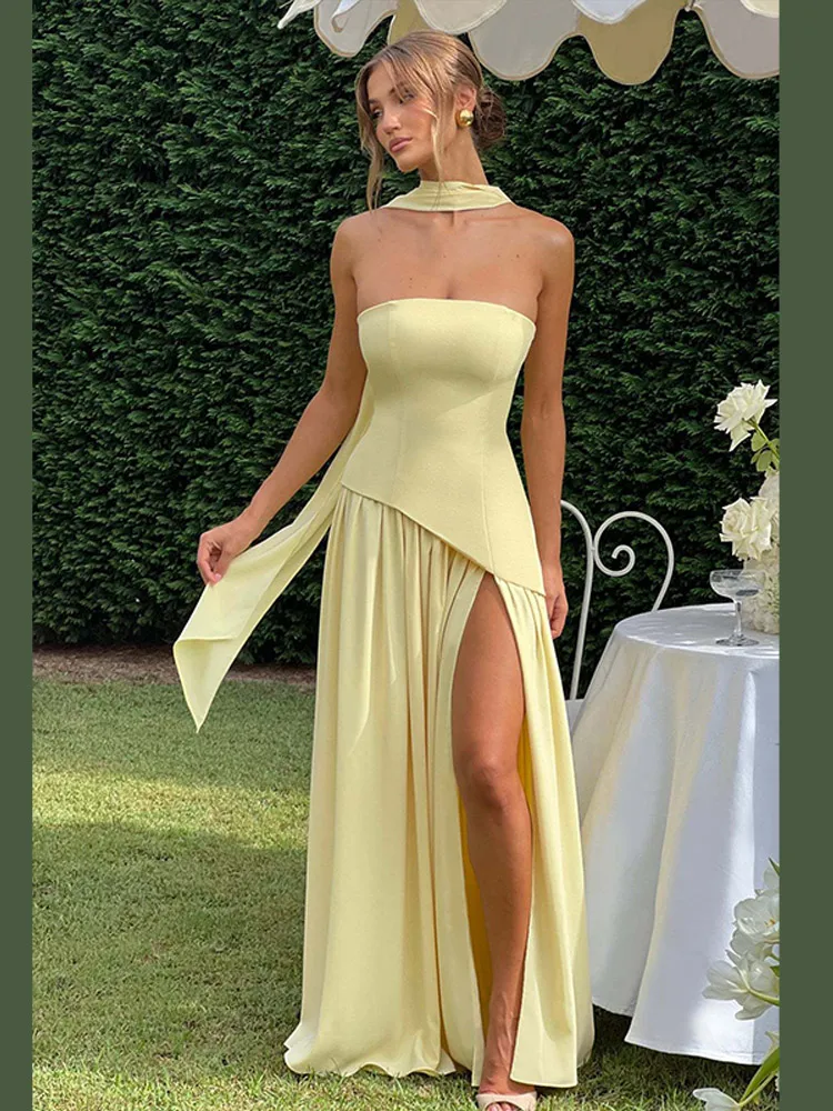 Butter Yellow Mesh Splicing Long Dress Elegant Strapless Split