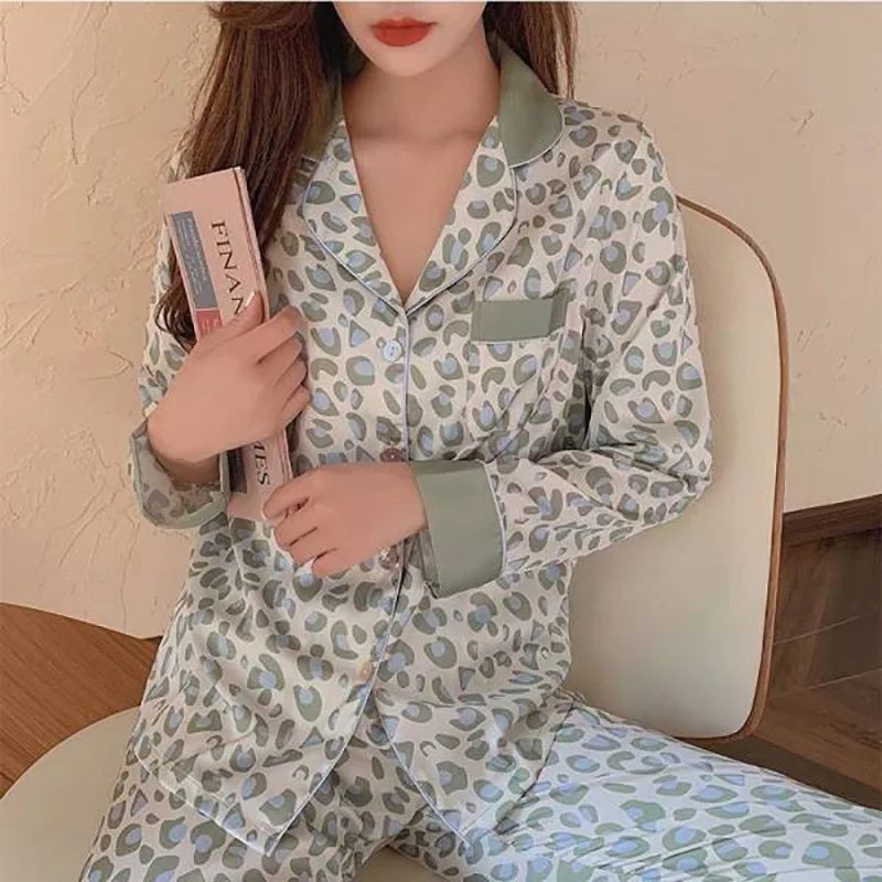 Women 2 Piece Pajama Set Leopard Pijama Faux Silk Satin Lapel Pyjama Female Sleepwear LongSleeve Shirt Pants Homewear Loungewear