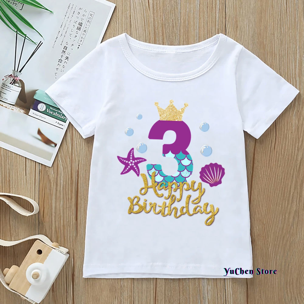 New Cute Mermaid Graphic Print T-shirt Age 1-9 Birthday Girl Princess Tshirt Children'S Clothing Harajuku Kawaii Clothes Tops