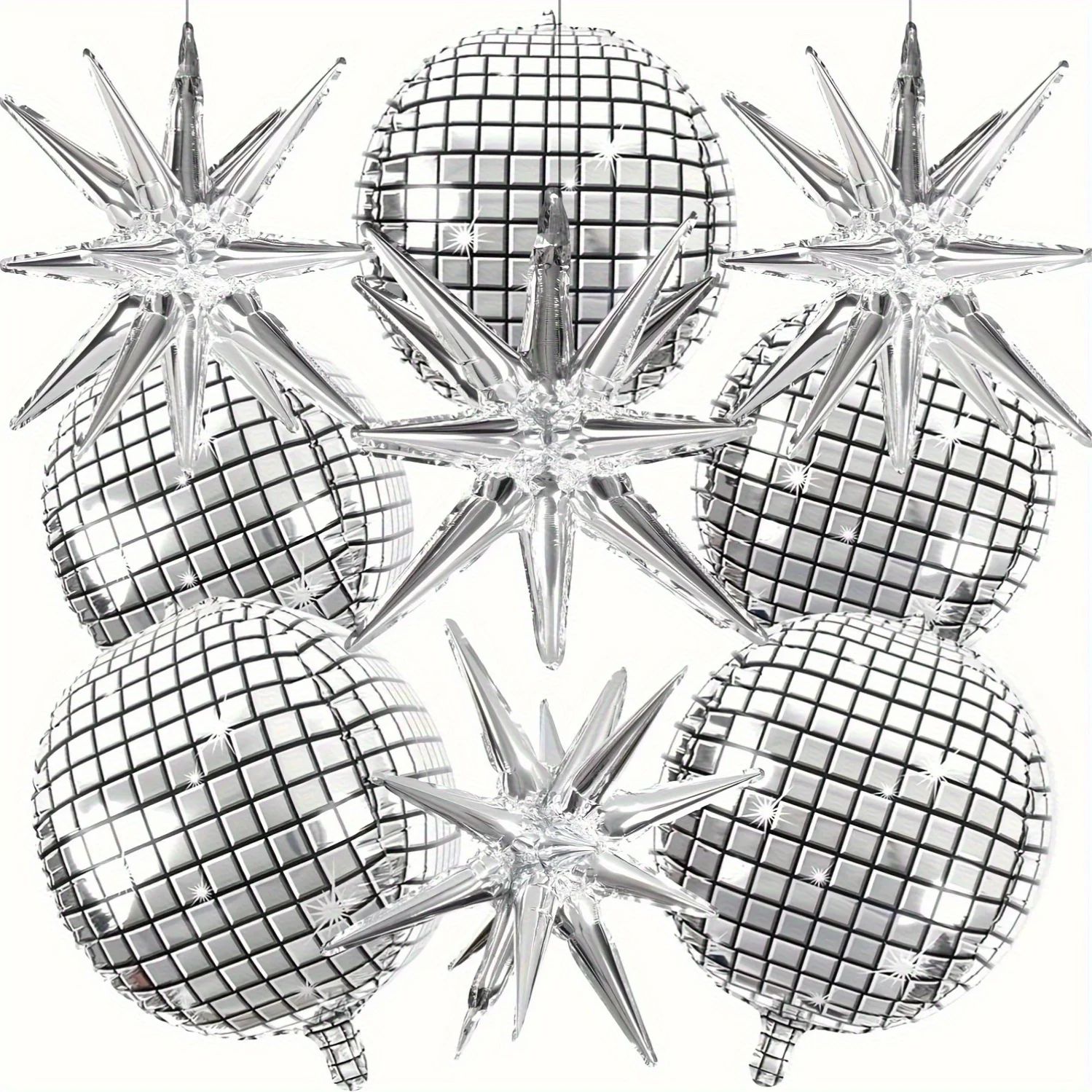 9 Stück große 4D-Luftballons aus metallischer silbriger Disco-Aluminiumfolie, explodierende Stern-Disco-Thema-Party-Dekorationen, Geburtstagsparty-Zubehör – Detail 1