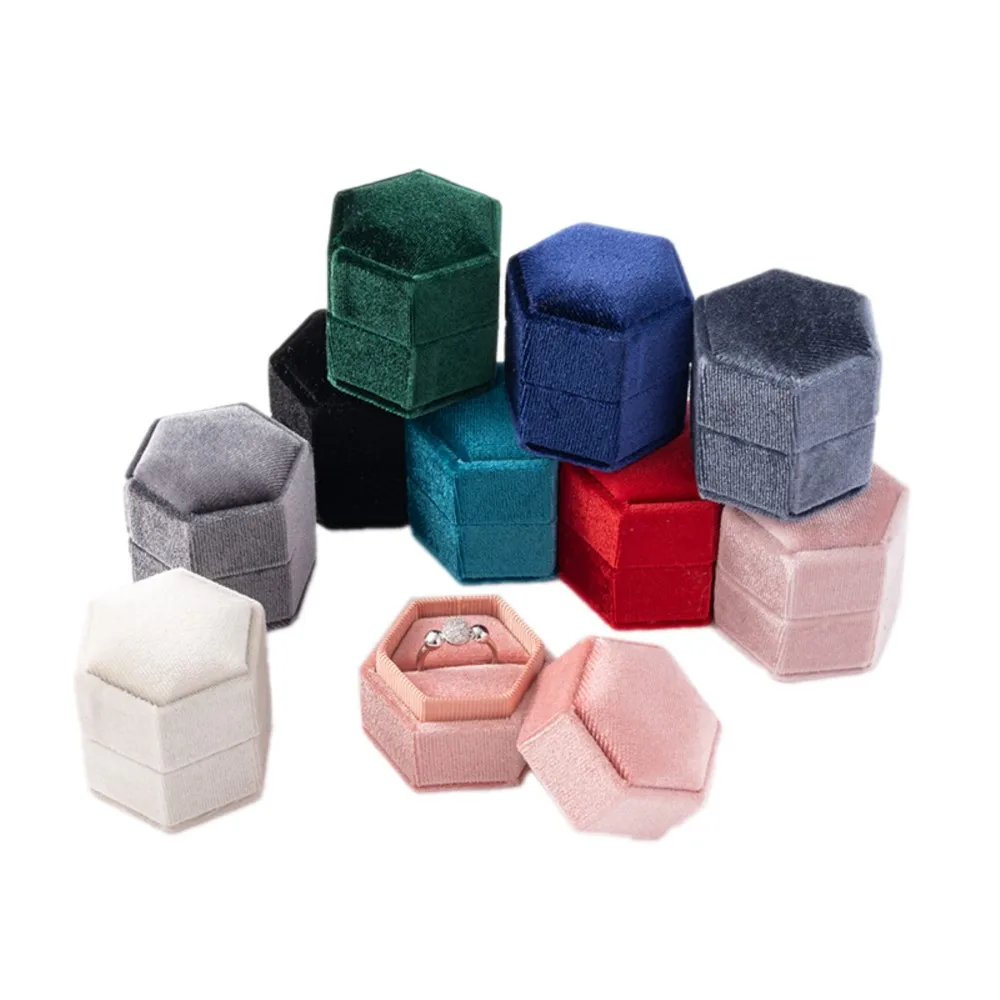 Hexagon Shape Velvet Jewelry Ring Box For Display Storage Organizer Earrings Wedding Ring Gifts Package With Detachable Lid Case