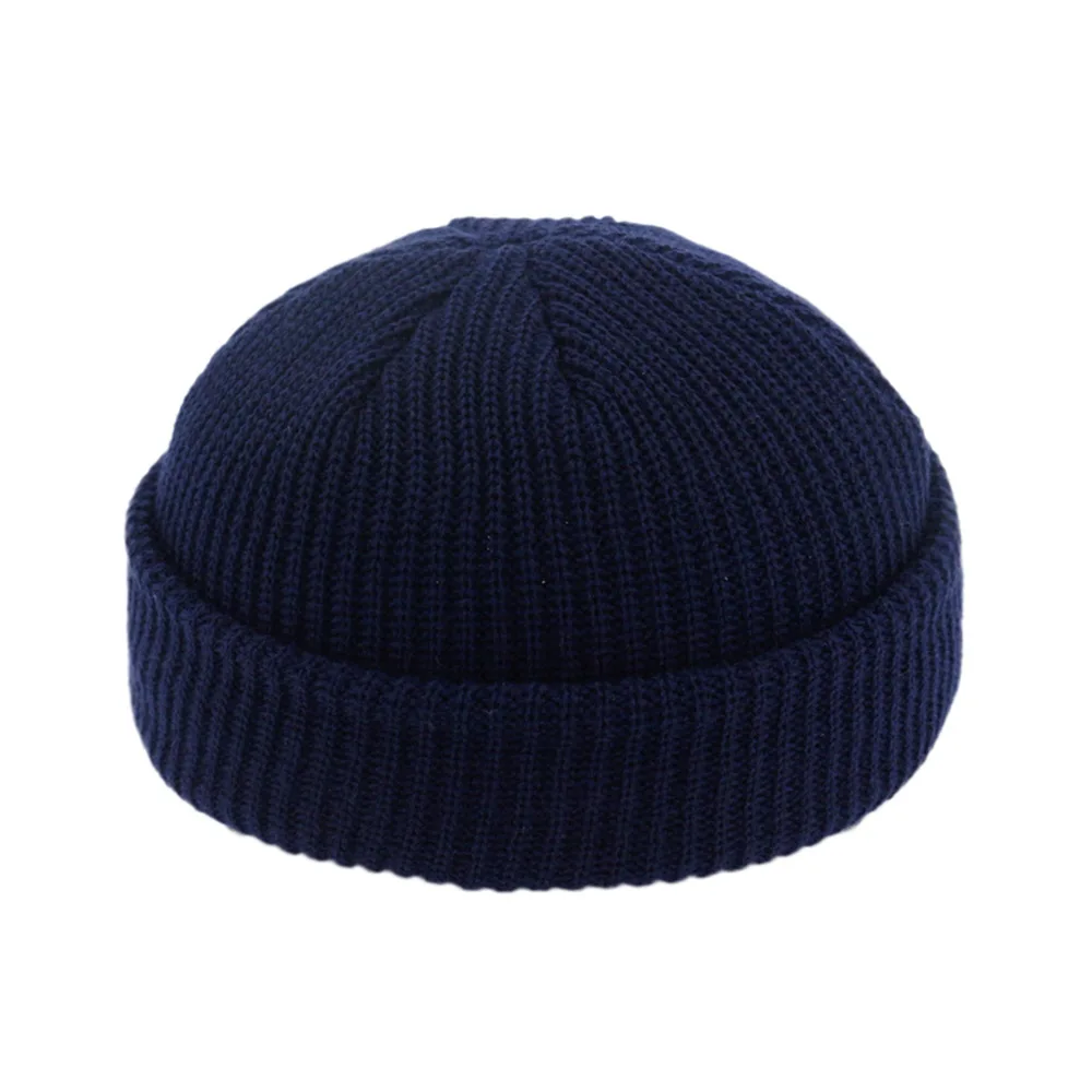 Unisex Retro Navy Solid Color Warm Knit Beanie with Roll-Up Edge