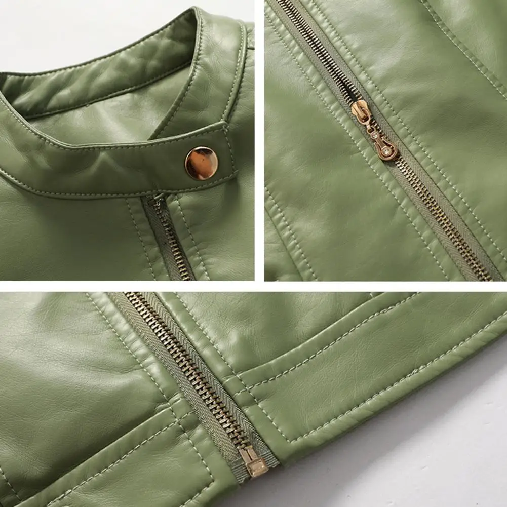 Lady Faux Leather Jacket Solis Color Buttons Decor Long Sleeve Biker Coat Windproof Slim Lady Coat For Motorcycle Riding