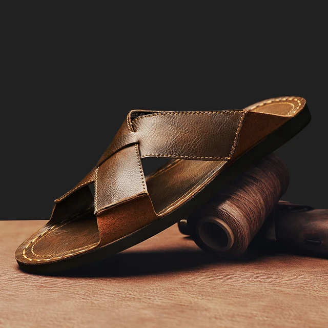 Sandales d'été pour hommes en cuir véritable, chaussures décontractées pour hommes, sandales en cuir pour hommes, chaussures de plage pour hommes, chaussures romaines pour hommes 1