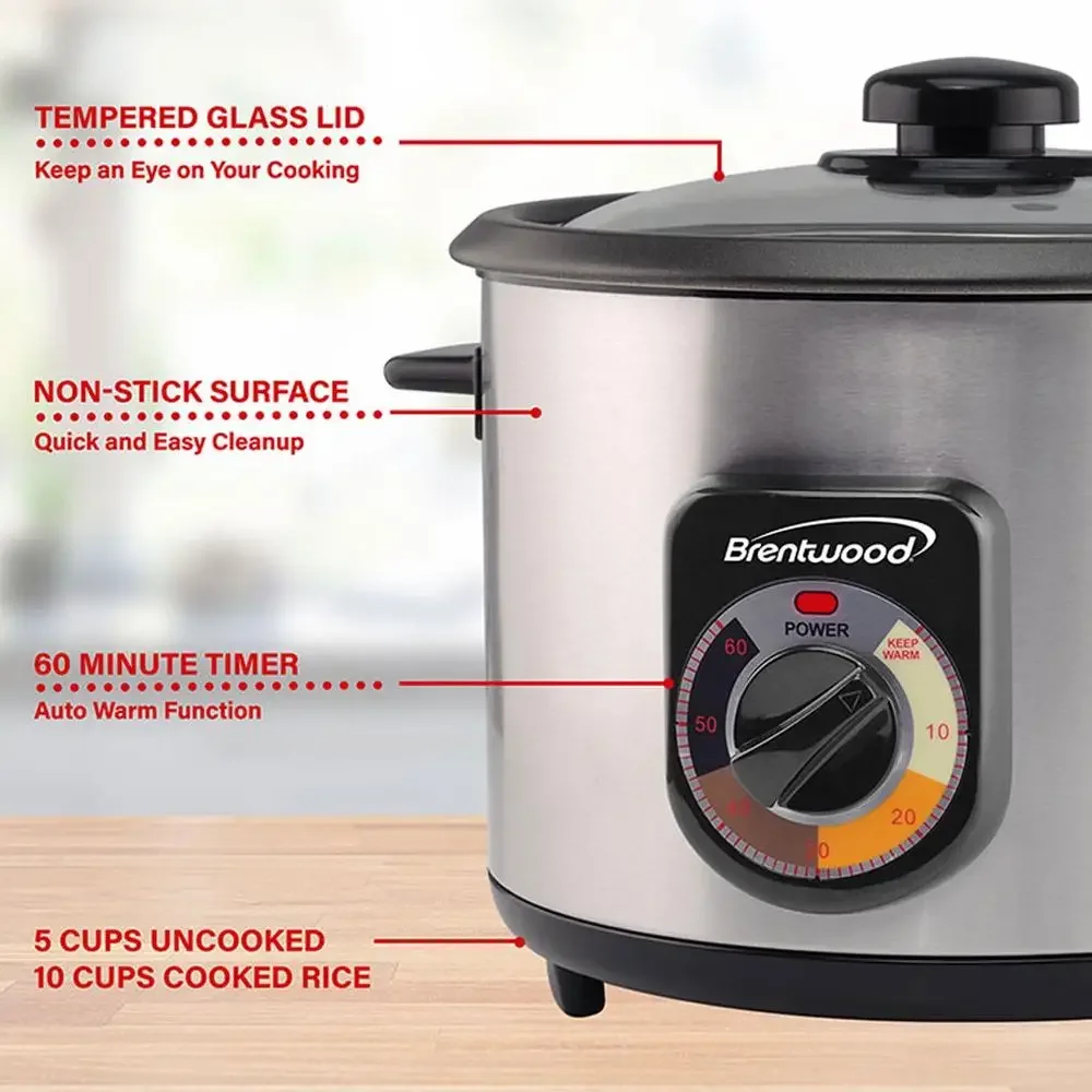 Stainless Steel Crunchy Rice Cooker 10-Cup Capacity Timer Auto-Warm Function Nonstick Pot Includes Measuring Cup and Serving 4