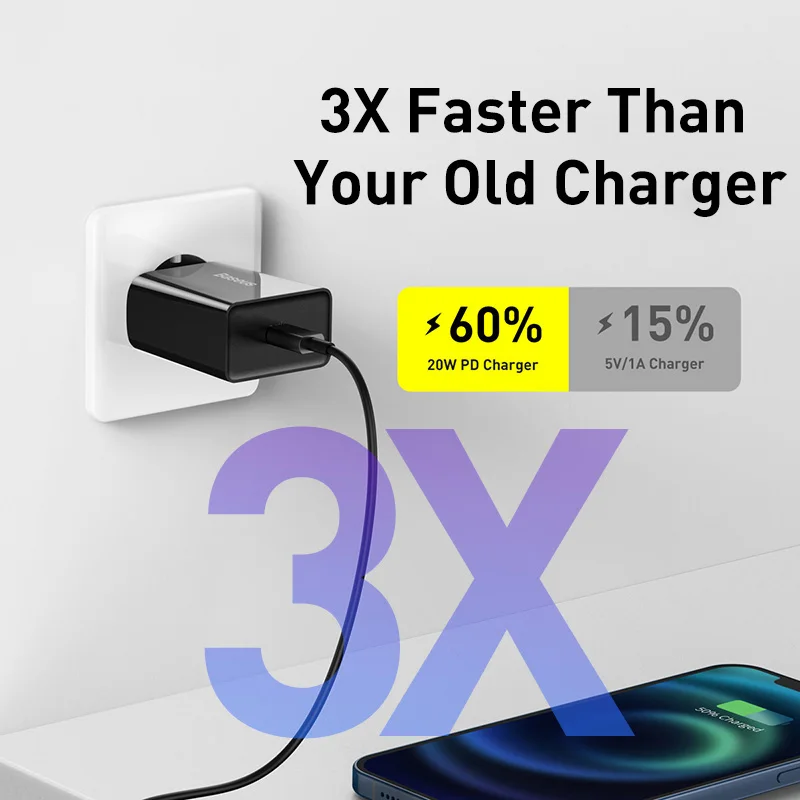 Chargeur De Charge Rapide USB Type C, 20W, QC 3.0 PD, IPhone 14 13 12 X Xs  8, Xiaomi, Samsung Phone PD Charger - Baseus