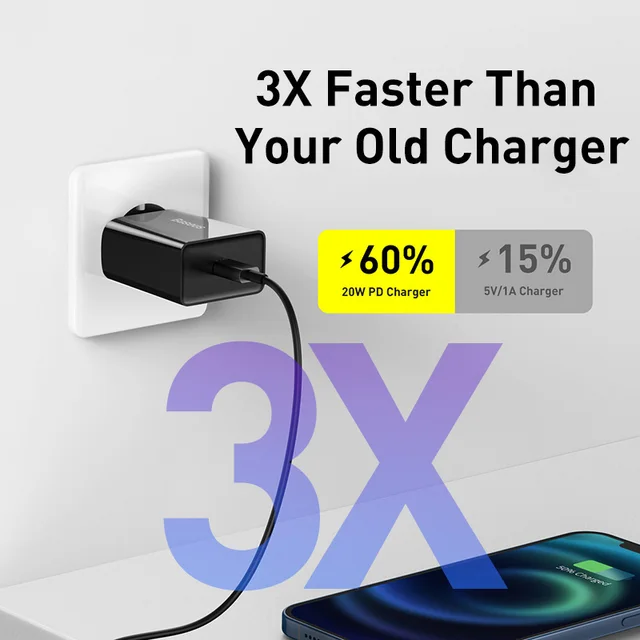Baseus 20W Quick Charge QC 3.0 PD USB Type C Fast Charging Charger for iPhone 15 14 13 12 11 X Xiaomi Samsung Phone PD Charger 2