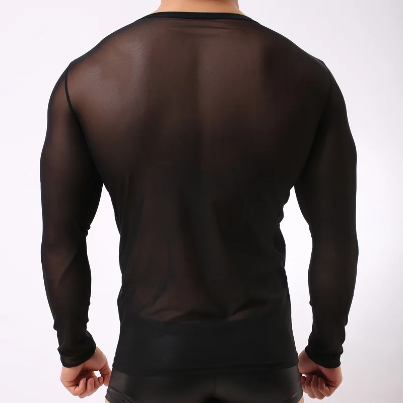 Men's Transparent Mesh Long Sleeve Tops Gay Night Club Clothing Gauze Tights T Shirts Black White See Through Undershirt