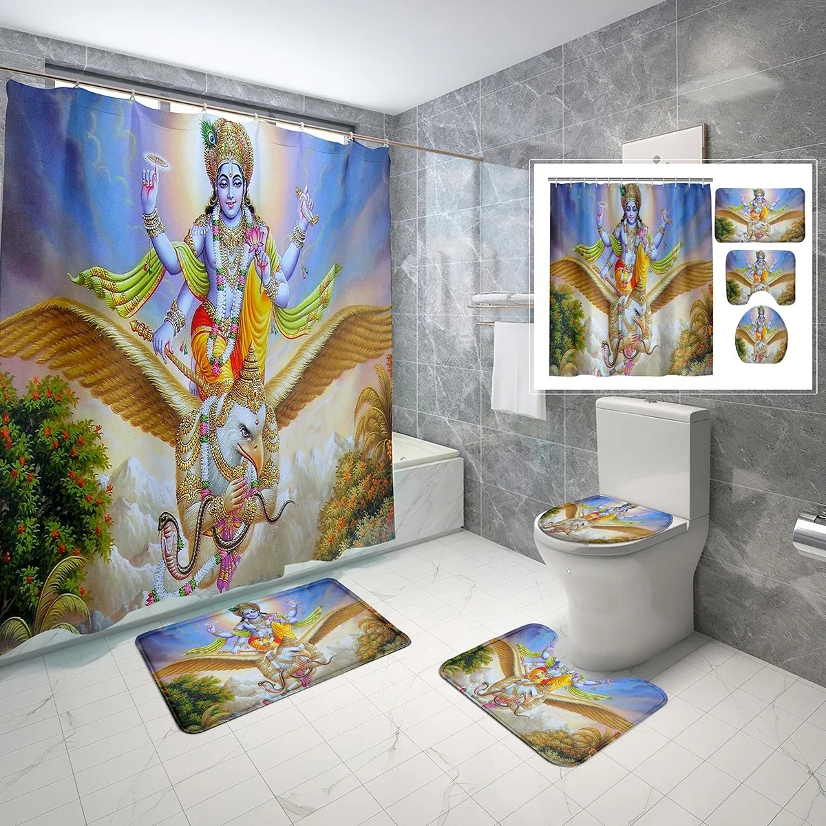 

4PCS Indian Religious Shower Curtain Set Indian Vishnu Lord Decorative Bath Curtain Bathroom Non-Slip Bath Mat Toilet Lid Cover