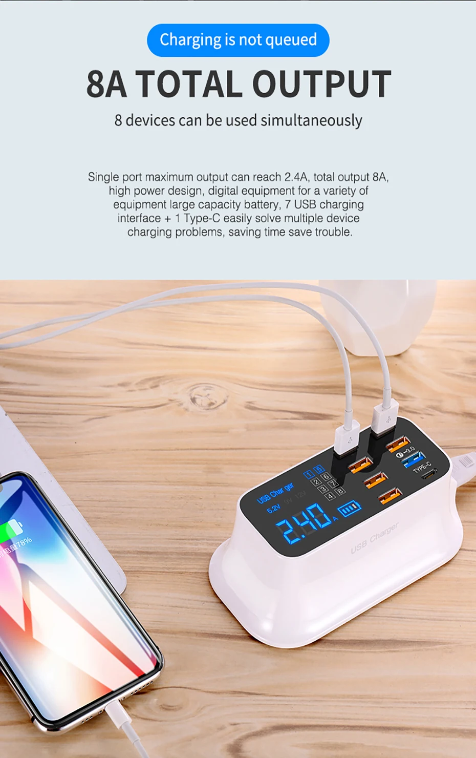 8 Ports USB Charger For iphone Android IOS Quick Charge 3.0 Led Display USB Charging Adapter 110-240V For Phone Tablet Earphone wallcharger