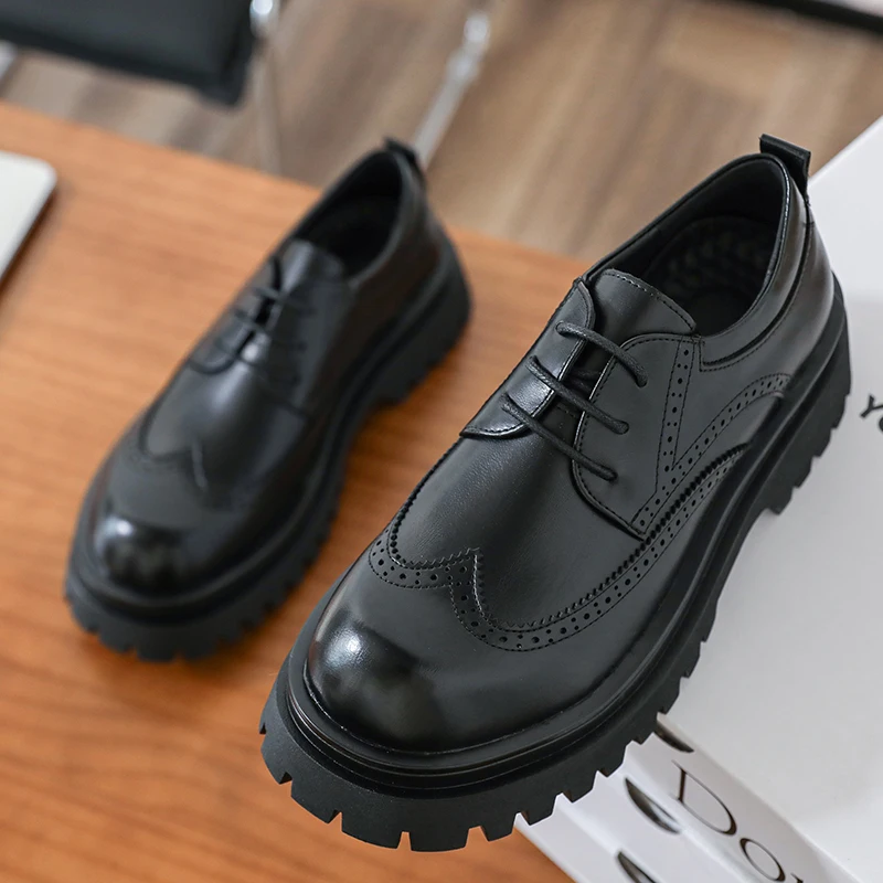 British Style Men's Block Shoes Thick Soled Durable for Office Interviews Formal Shoes Retro Brown Men's Shiny Leather Shoes3846
