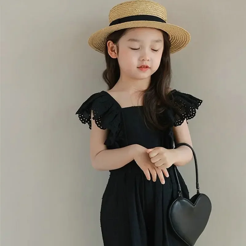 Summer Two-piece Set for Girls Bowknot Nylon Lace Sleeveless  A Textured Top +pants Kids Clothes Girls  Kids Boutique Clothes
