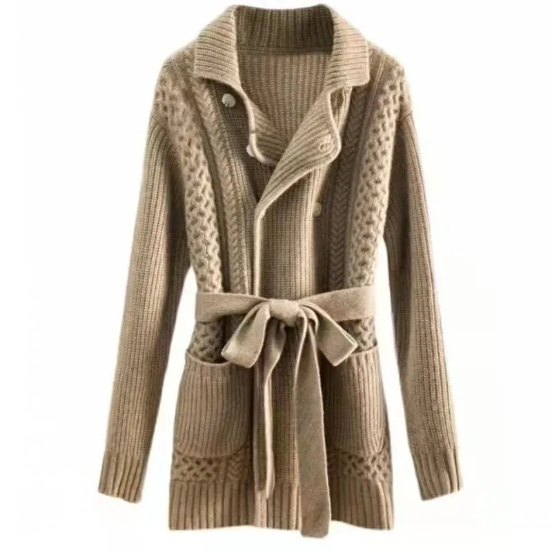 

Women's cardigan Parkas Jacket Windbreaker Open Front Women sweater Autumn Winter Two Pockets Lapel Sweater Coat Female Knitwear