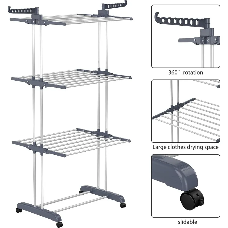 Clothes Drying Rack, Oversized 4-Tier(67.7" High) Foldable Stainless Steel Drying Rack Clothing, Movable Drying 5