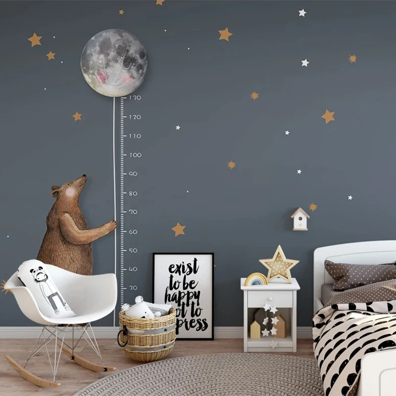 Papel de Parede Personalizado 3d dos Desenhos Animados Urso Lua Medindo Altura Estrela Pintura de Parede Quarto Infantil Decoração de Parede de Fundo Fresco