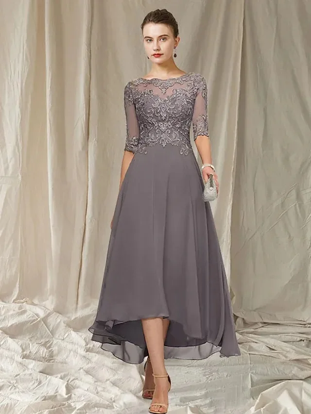 

High Low Gray Mother of the Bride Dress 2024 Vintage Jewel Asymmetrical Ankle Length Chiffon Lace Half Sleeves Robe De Soiree Ve