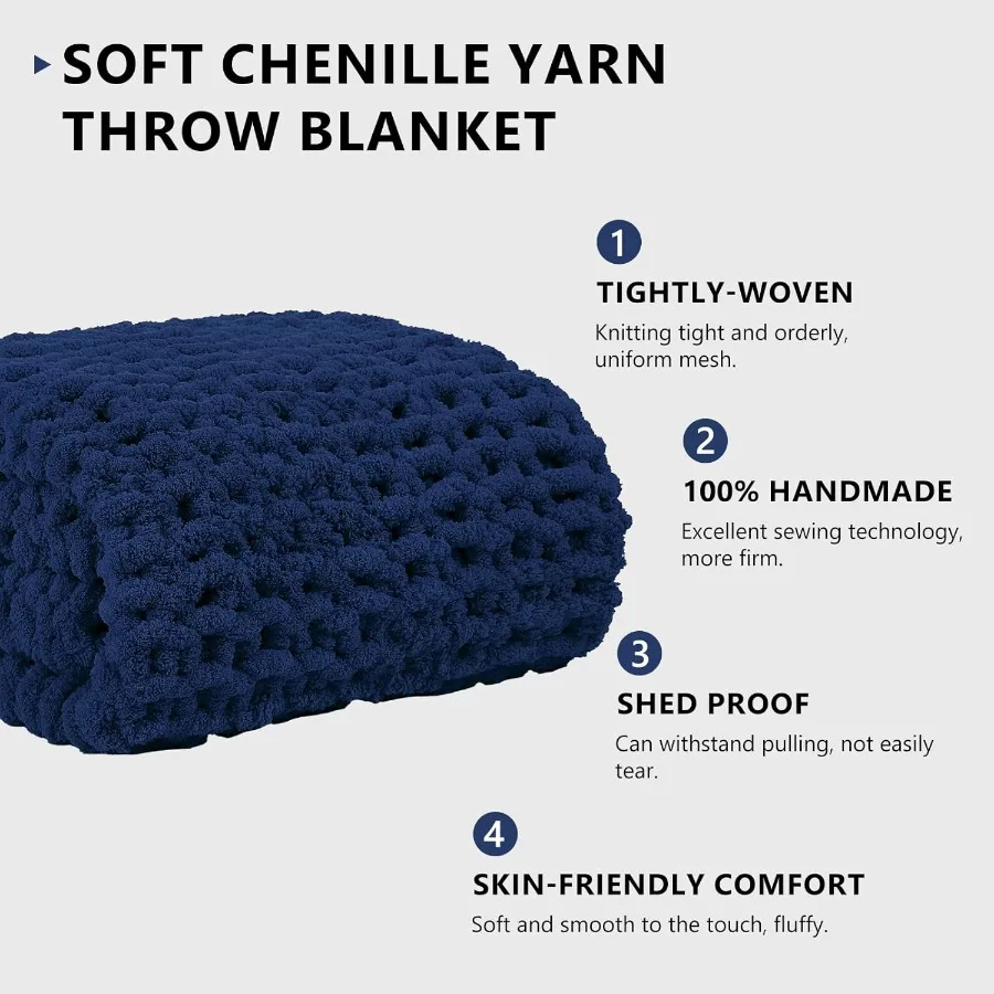 Chunky Knit Throw: 72''x84'' Chenille Blanket for Bed and Couch Handmade Thick Big Cable Knit with Cozy Texture Large Crochet T