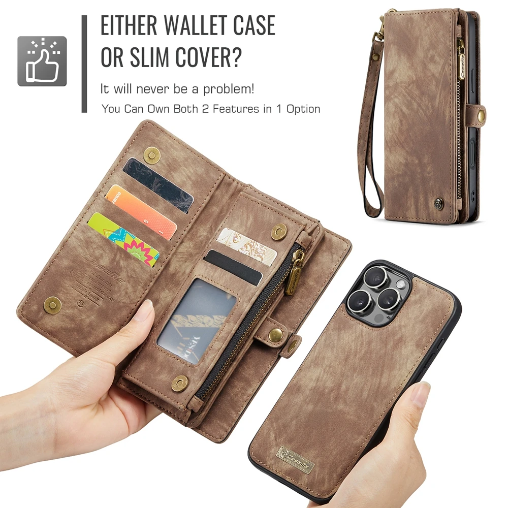 Luxury Leather Wallet Case with Zipper and Strap