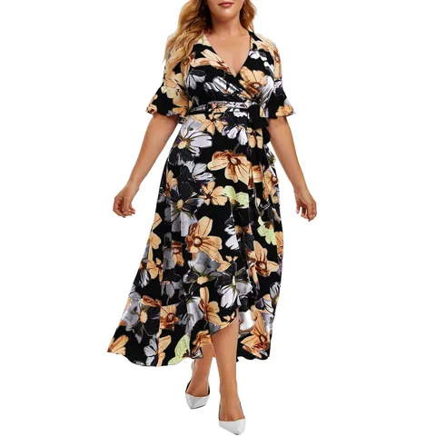 Plus Size Casual Boho Fashion Floral Print Maxi Summer Dress V-Neck Short Sleeve Irregular Ruffle Hem Belt Lacing Dress