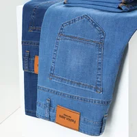 2025 Thin Material Office Business Jeans Men Classic Blue Black Cotton Stretch Straight Denim Pants Male Brand Trousers