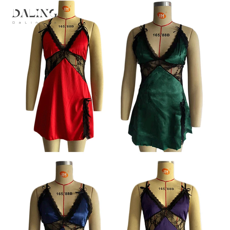 Women Lace Silk Satin Night Dress Nighties V-neck Nightgown Plus Size Sleepwear Nightgown Summer Nightwear Sleepshirts Women