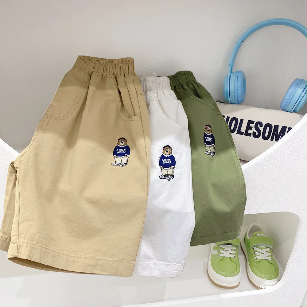

2023 Summer Boys Knee Length Embroidery Bear Pant Baby Kids Children Cotton Shorts