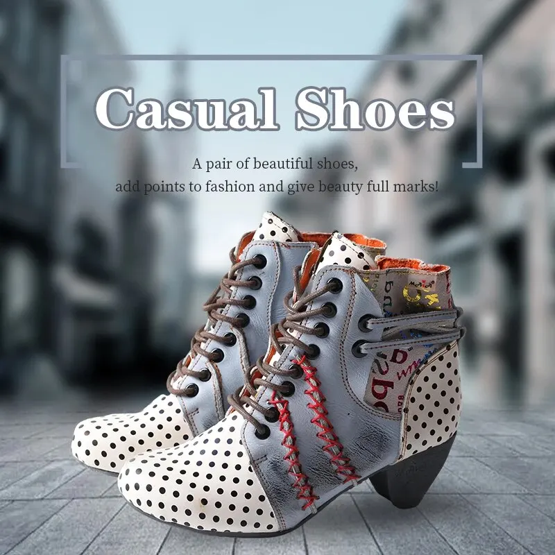 TMA EYES 폴카 도트 가죽 여성용 부츠, 경량 플랫 라운드 디자인, 핸드 스티칭, 가을 및 겨울