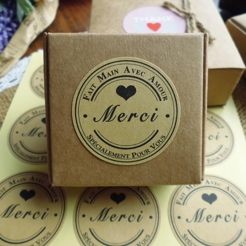 1.5'' Kraft Merci French Handmade With Love Stickers for Package Thank You Sticker Wedding Baking Decortion