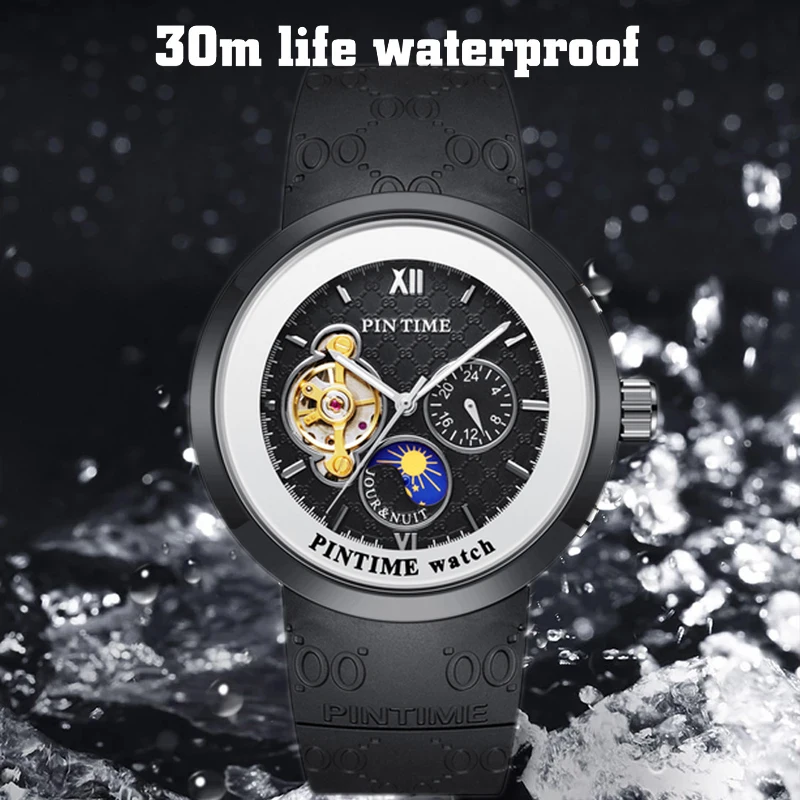 PINTIME Automatic Watch Self Winding Mechanical Wristwatch Men SIlicone Strap Fashion Business Clock Relogio Masculine Male Gift