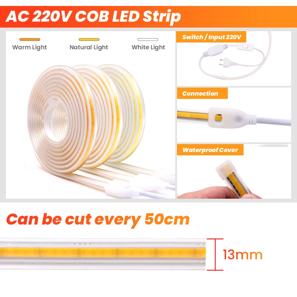 XUNATA Tira de LED COB Flexible de 220V, (Luz Blanco Cálido, 1m), IP65  Impermeable, 288 LED/m Luz de Cuerda de Alto Brillo con Cable de  Alimentación
