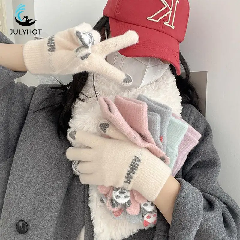 

Riding Gloves Touch Screen Five Fingers Cute Warm Thickened Cold Knitted Wool Cotton Gloves Fall And Winter Female