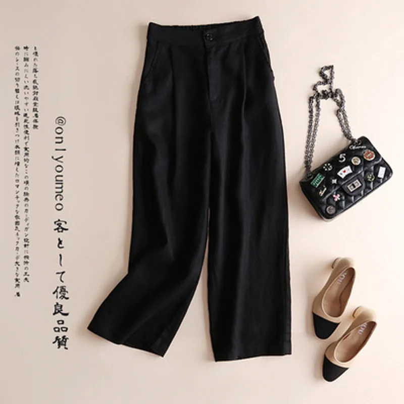 Women Cotton Linen Loose Comfort Elastic Waist Harem Vintage Solid Casual Pockets Wide Leg Trousers Cropped