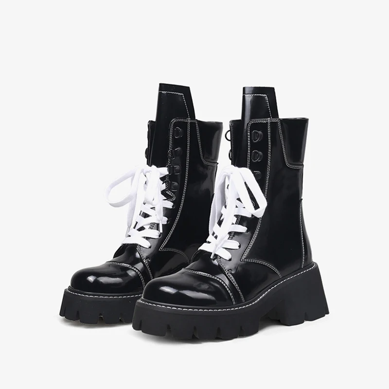 

Women genuine leather 6.5cm high square heels round toe lace up keep warm black motorcycle style boots HL467 MUYISEXI