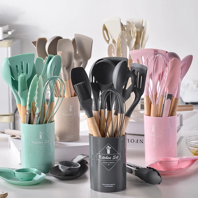 AJOYOUS Non-Stick Cookware Spatula Ladle Silicone Cooking Utensils Cooking  Set Egg Choppers Wood Handle Cooking Utensils Set - AliExpress