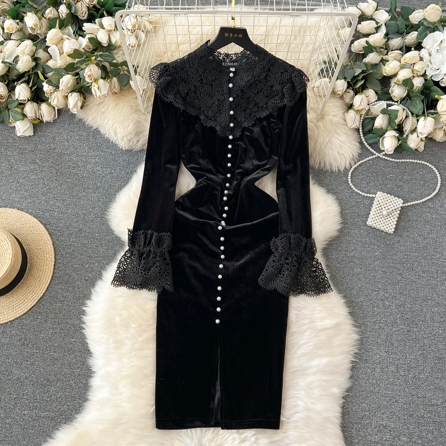 Vintage Velvet lace patchwork dress Slim Women's 2025