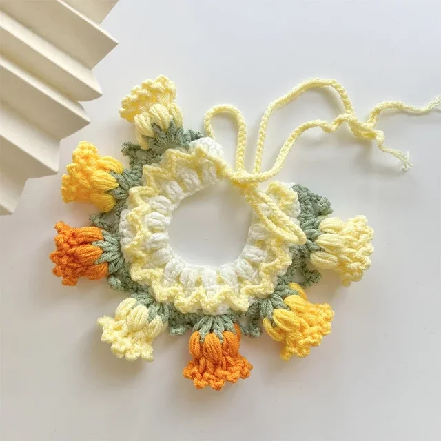 Pure hand knitting Cat Dog Knitted Collar Crochet Collar Pet Drool Scarf Bib Orchid Bell Flower Cute Photo Accessories 3