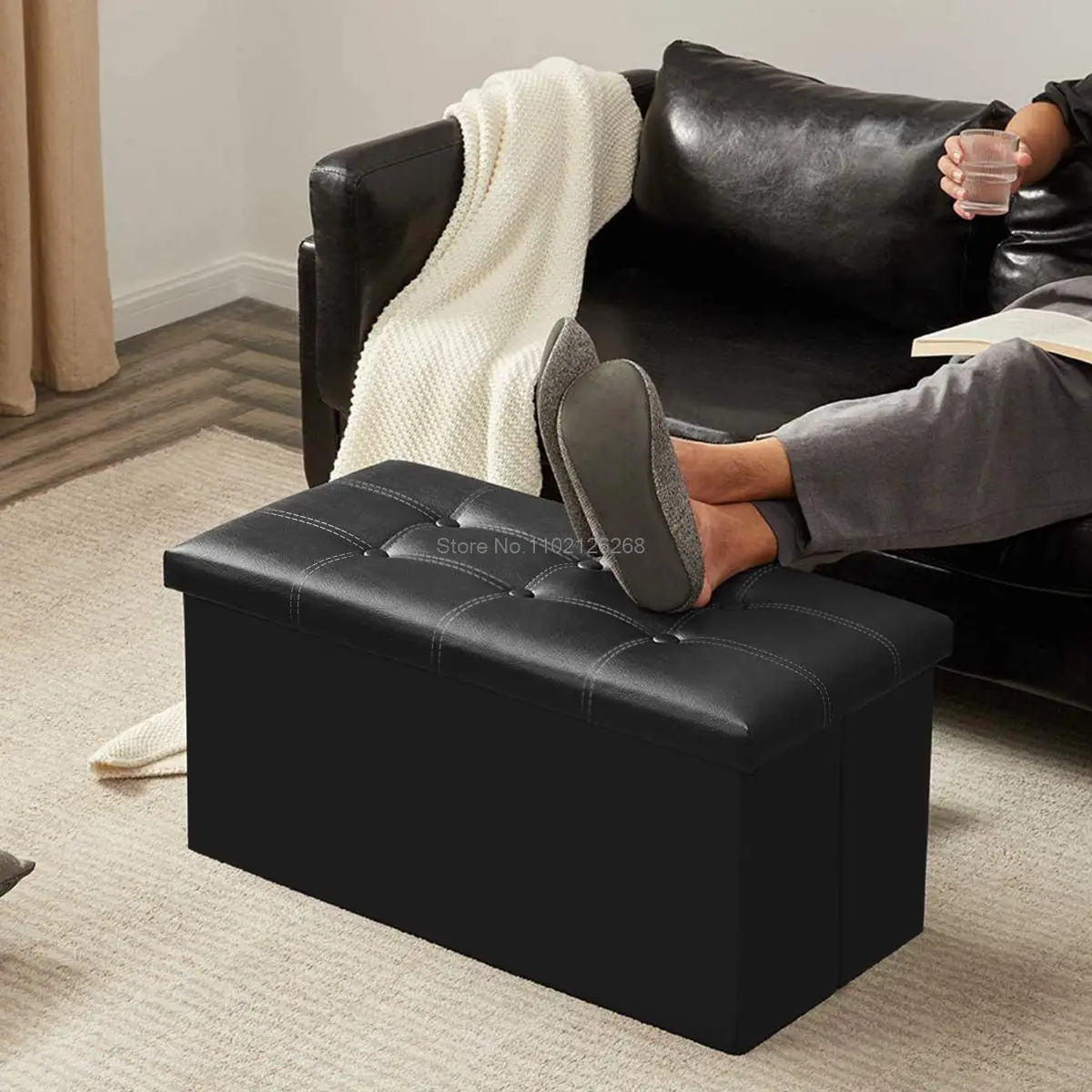 Multifunctional Foldable Ottoman Storage Foot Stool Waterproof Leather Footstool Storage Box Large Sofa Chair Bench Seat Pouf