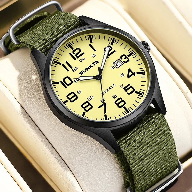 SUNKTA New Military Nylon Watch For Men Fashion Business Watch Men Waterproof Luminous Date Quartz Chronograph Montre Homme+BOX