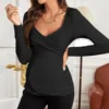 Long-sleeved Ribbed Large V-neck Nursing Top Exclusively for Maternity Cross-wrap 3