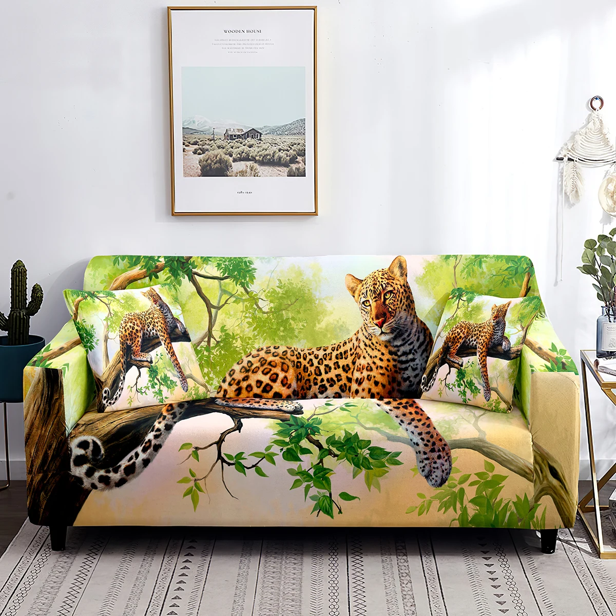 

Cheetah Sofa Cover Animal Painting Print Stretch Couch Cover Plant Branch Non Slip Washable Furniture Protector for Living Room